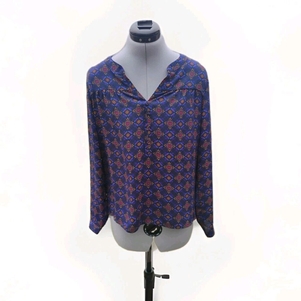Skies Are Blue | Blue Gold Red Pattern Lon Sleeve Blouse Size Petite Small